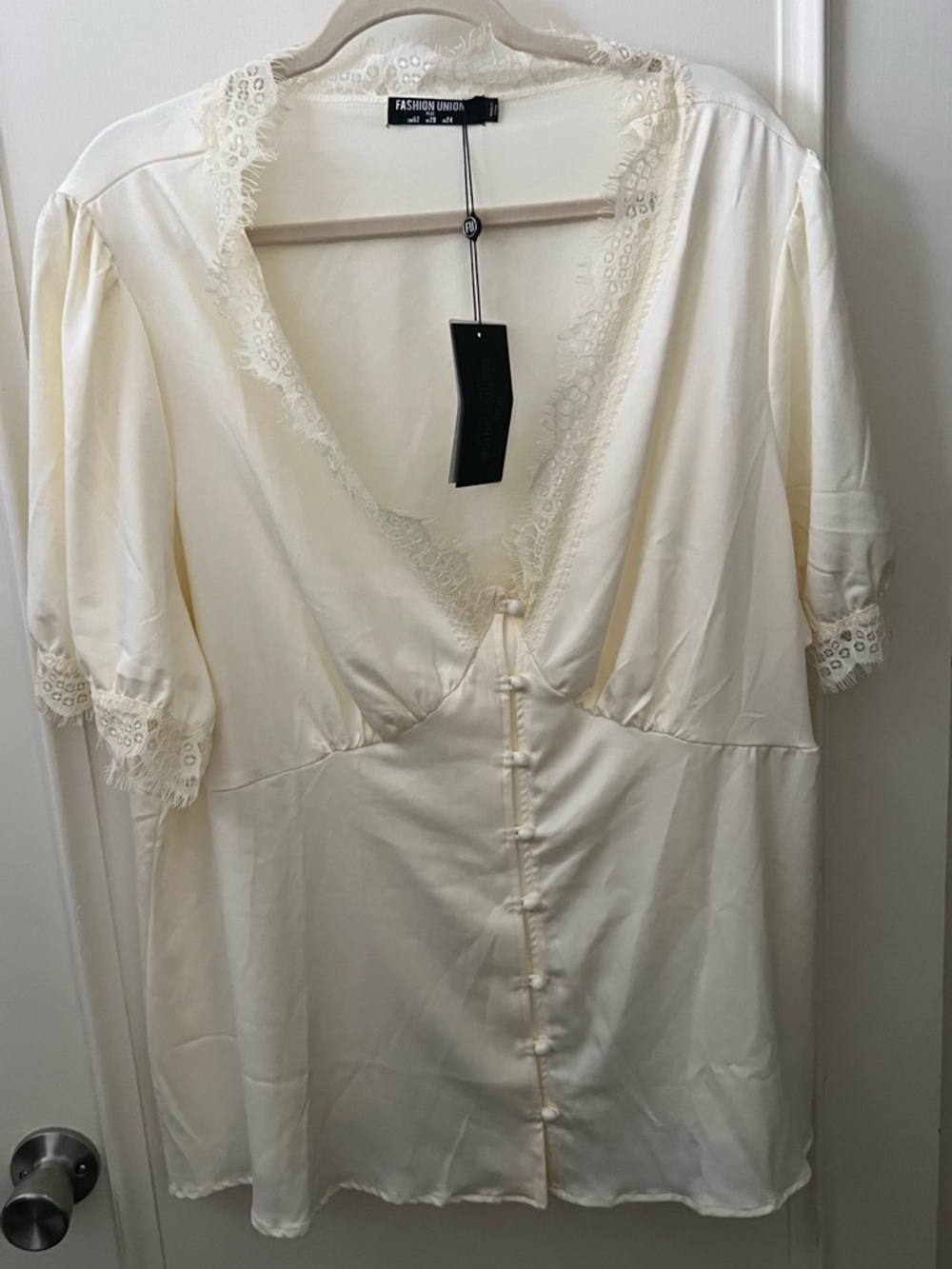 Fashion Union Cream Lace-Trim Satin Nightshirt